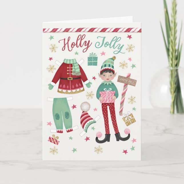 Christmas Elf Paper Doll Folded Holiday Card (Front)