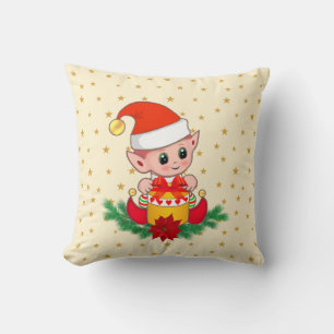 Christmas elf, pine, poinsettia & stars on ivory cushion