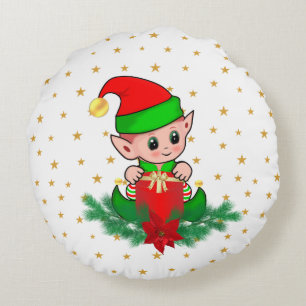 Christmas elf, pine, poinsettia & stars Round Cushion