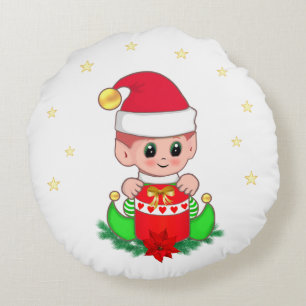 Christmas elf, pine, poinsettia & stars round cushion
