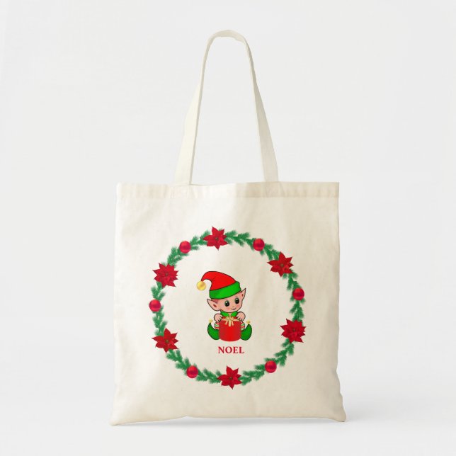 Christmas elf, pine wreath and poinsettias tote bag (Front)