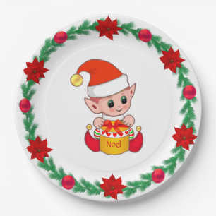 Christmas Elf, pine wreath, poinsettias &  balls P Paper Plate