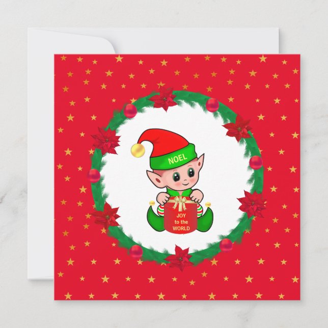 Christmas elf, pine wreath, poinsettias & stars (Front)