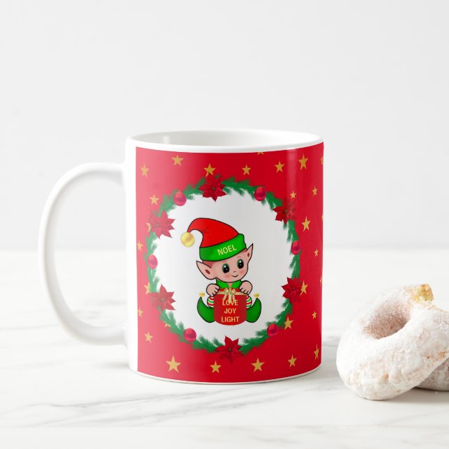 Christmas elf, pine wreath, poinsettias & stars coffee mug (With Donut)