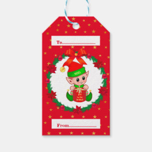 Christmas elf, pine wreath, poinsettias, & stars gift tags