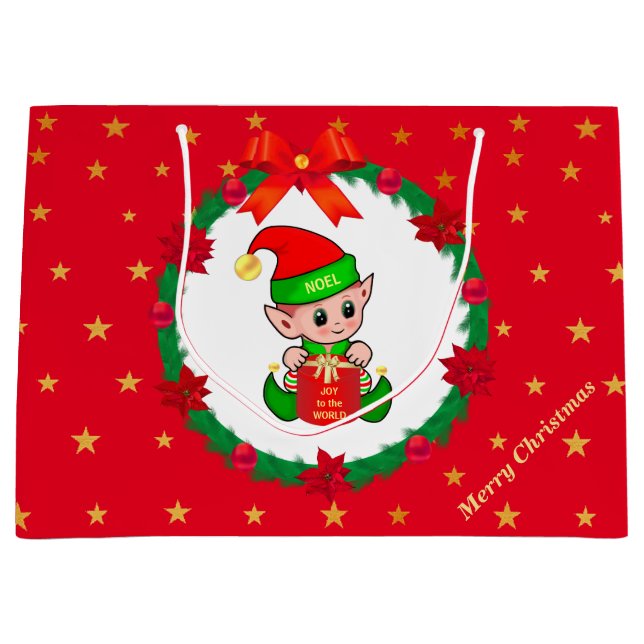 Christmas elf, pine wreath, poinsettias & stars large gift bag (Front)