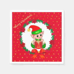 Christmas elf, pine wreath, poinsettias & stars napkin