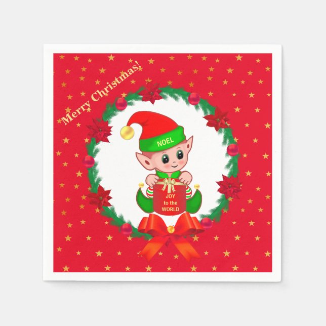 Christmas elf, pine wreath, poinsettias & stars napkin (Front)