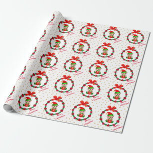 Christmas elf, pine wreath, poinsettias & stars wrapping paper