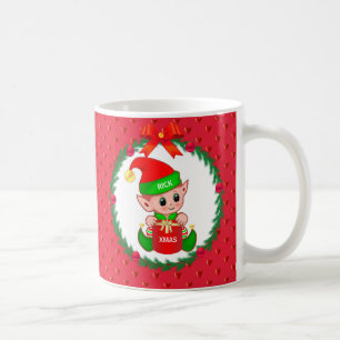 Christmas elf, pine wreath, red balls & hearts coffee mug