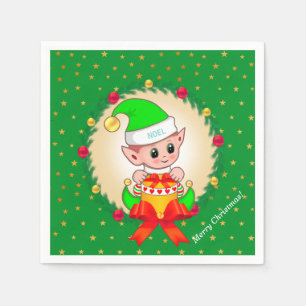 Christmas elf, pine wreath & stars on green napkin