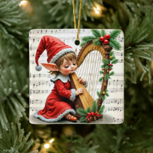 Christmas Elf Playing a Harp Ceramic Ornament