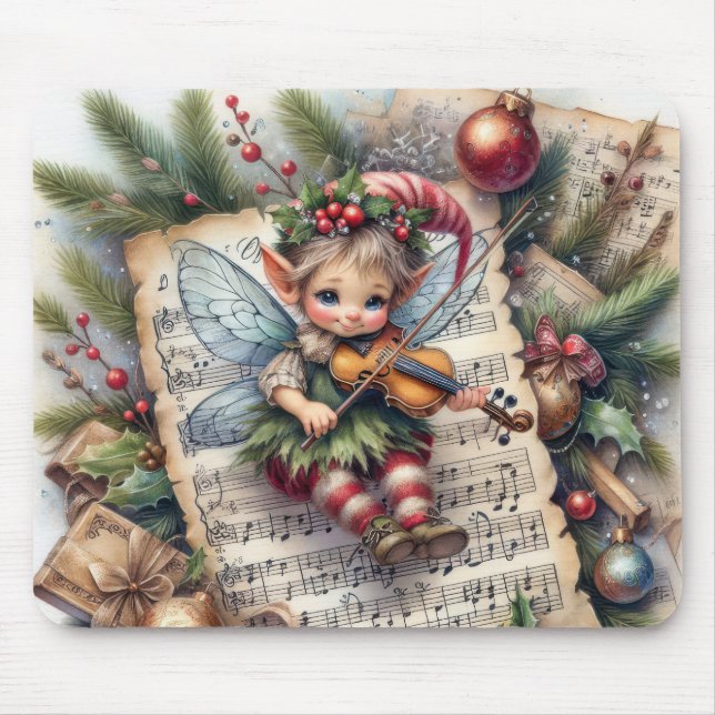 Christmas Elf Playing a Violin Mouse Pad (Front)