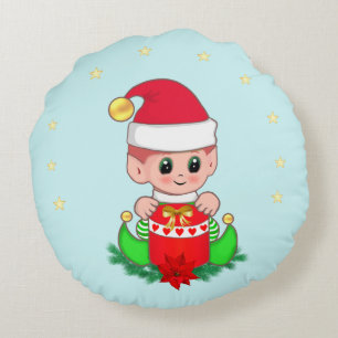 Christmas elf, poinsettia & stars on light blue round cushion