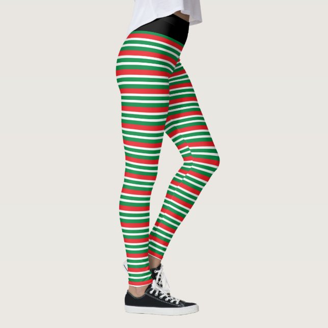 Christmas Elf Red and Green Geometric Stripes Leggings (Right)