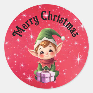 Christmas Elf Red Background Round Stickers 