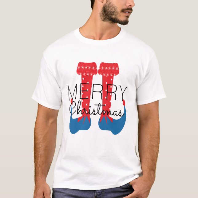 Christmas Elf Red Blue Script Snowflake T-Shirt (Front)