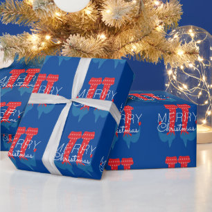 Christmas Elf Red Blue Script Snowflake Wrapping Paper