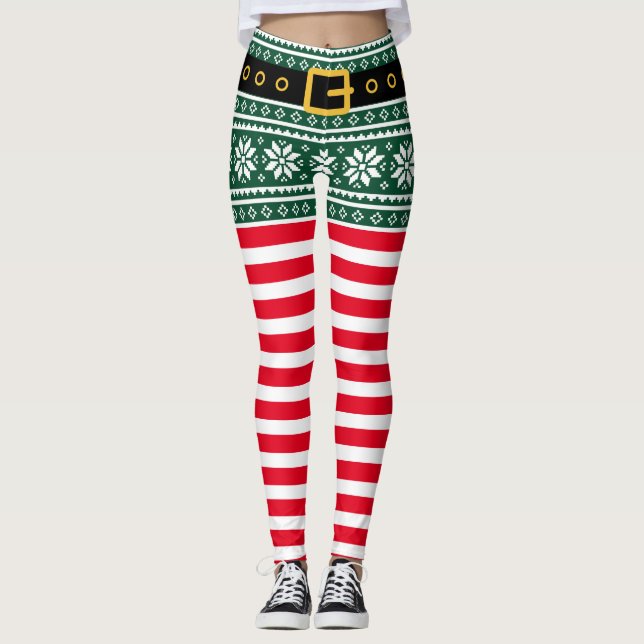 Christmas elf red & green striped snowflake print leggings (Front)
