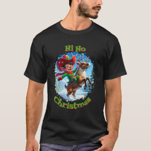 Christmas Elf Riding a Reindeer Cowboy Style Desig T-Shirt