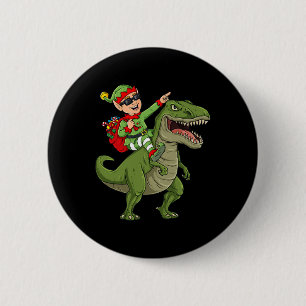 Christmas Elf Riding Dinosaur T Rex Boys Kids Fun 6 Cm Round Badge