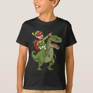 Christmas Elf Riding Dinosaur T Rex Boys Kids Fun  T-Shirt