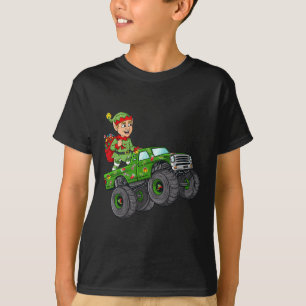 Christmas Elf Riding Monster Truck Boys Kids Famil T-Shirt