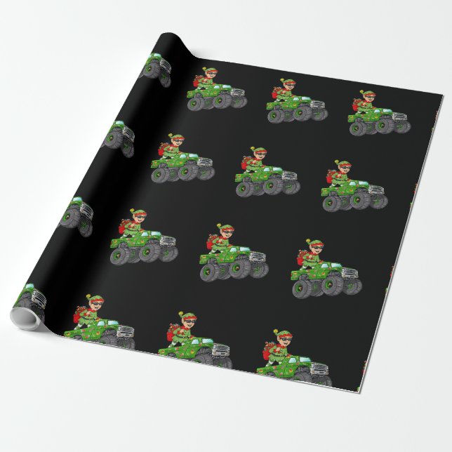 Christmas Elf Riding Monster Truck Holiday Boys Ki Wrapping Paper (Unrolled)