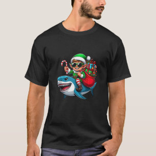 Christmas Elf Riding Shark Santa Hat Candy Cane Xm T-Shirt