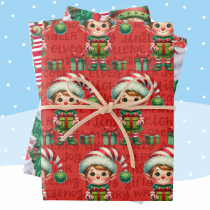 Christmas Elf Santa Claus Elves 3 Wrapping Paper Sheet