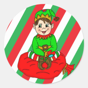 Christmas Elf sitting on Santa's Toy Bag  Classic Round Sticker