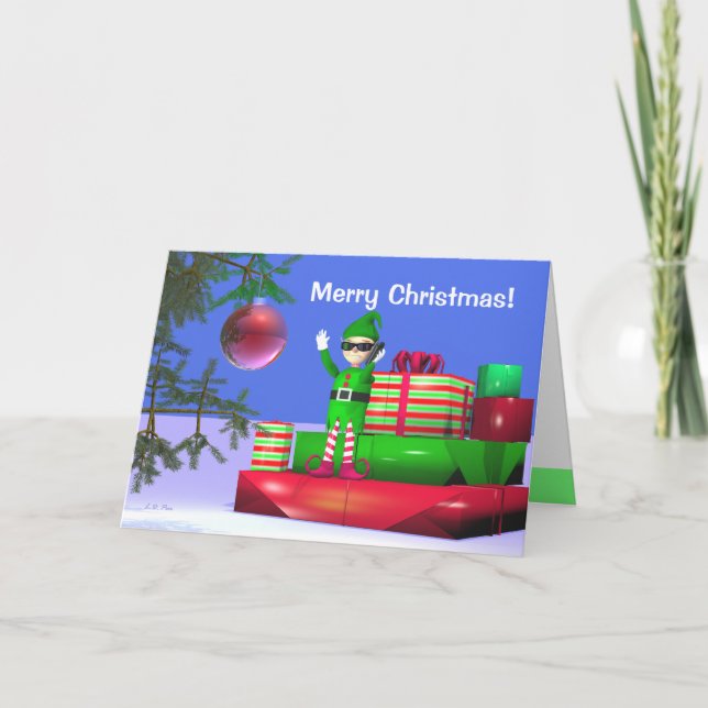 Christmas Elf Standing on Gifts Holiday Card (Front)