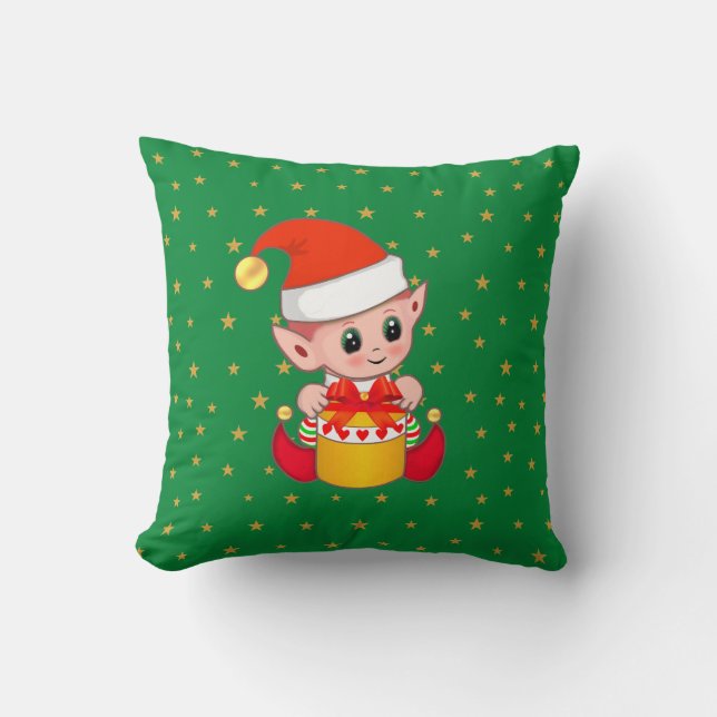 Christmas elf & stars on green cushion (Front)