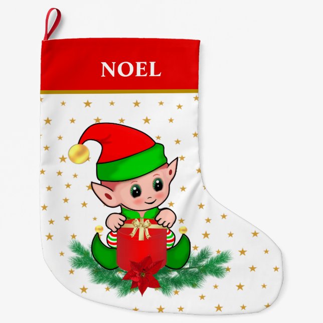 Christmas elf, stars, poinsettia and pine large christmas stocking (Front)