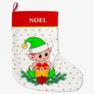 Christmas elf, stars, poinsettia & pine on white large christmas stocking
