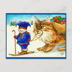Christmas elf troll cat on skiis postcard