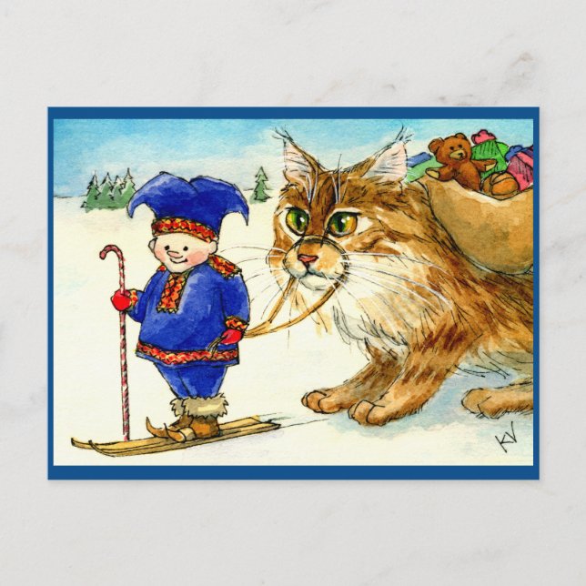 Christmas elf troll cat on skiis postcard (Front)