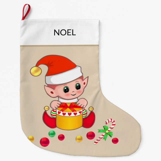 Christmas elf with Christmas balls on beige Large Christmas Stocking (Front)