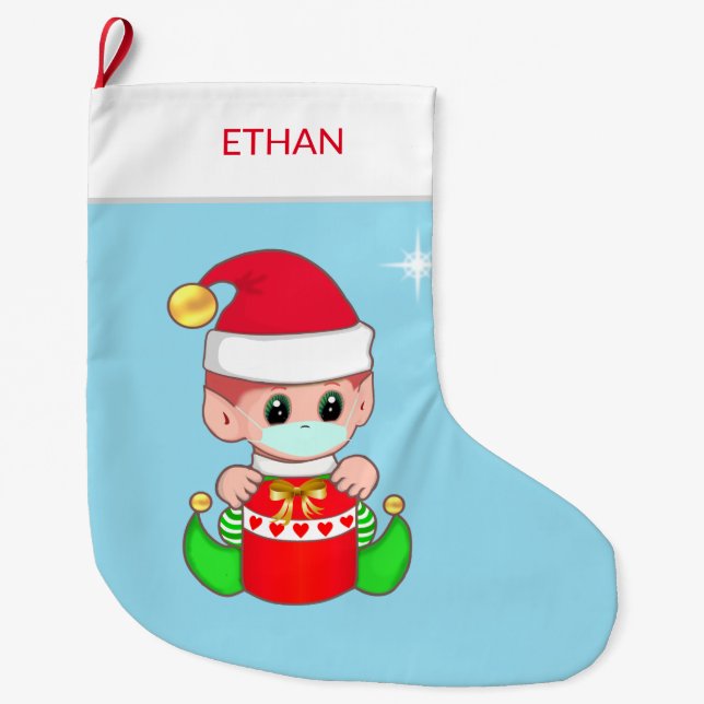 Christmas elf with face mask on light blue large christmas stocking (Front)