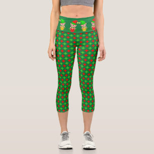 Christmas elf with green red diamond star pattern  capri leggings