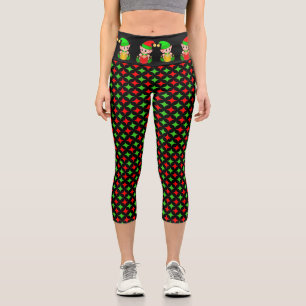 Christmas elf with green red diamond star pattern capri leggings
