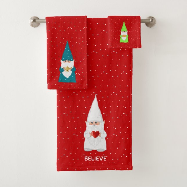 Christmas Elf with Heart on Red Bath Towel Set (Insitu)
