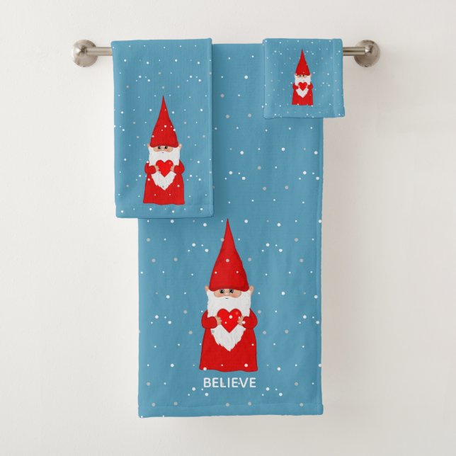 Christmas Elf with Heart on Sapphire Blue Bath Towel Set (Insitu)