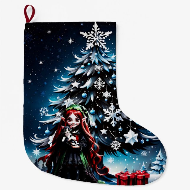 Christmas Elf with Kitten.  Large Christmas Stocking (Front)