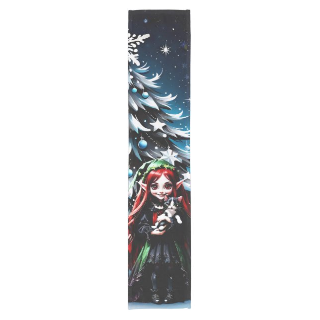 Christmas Elf with Kitten.  Short Table Runner (Front)