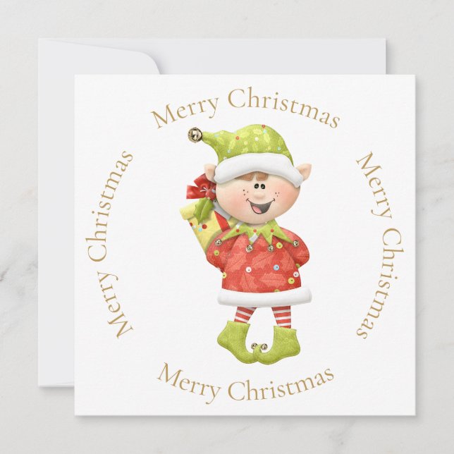 Christmas Elf with Present Holiday Card (Front)