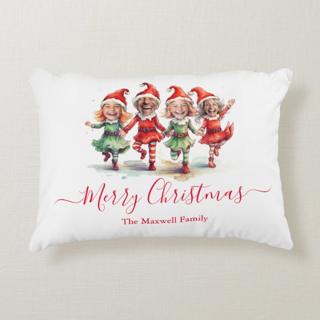 Christmas elves 4 photos family name decorative cushion (Front)