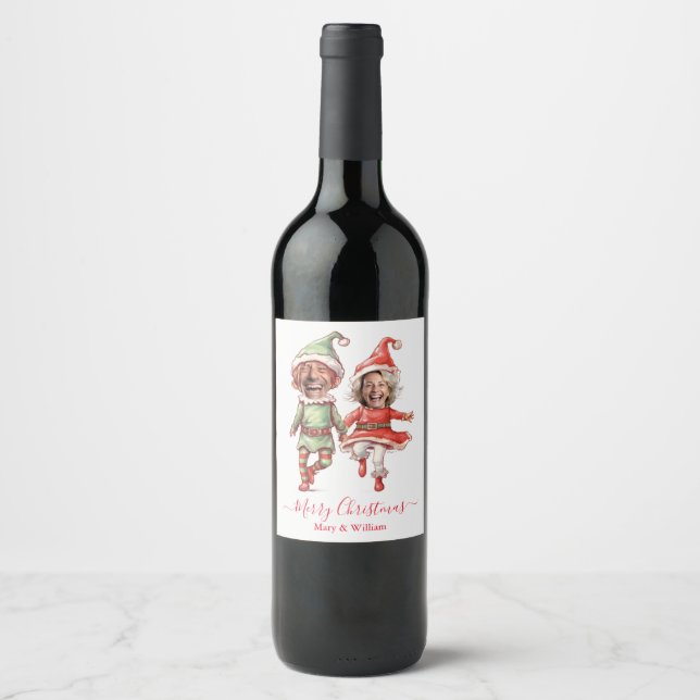 Christmas elves couple wine label (Front)