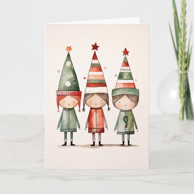 Christmas Elves in Festive Hats Invitation (Front)
