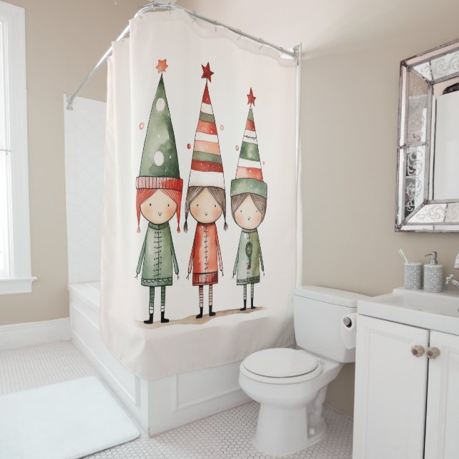 Christmas Elves in Festive Hats Shower Curtain (In Situ)
